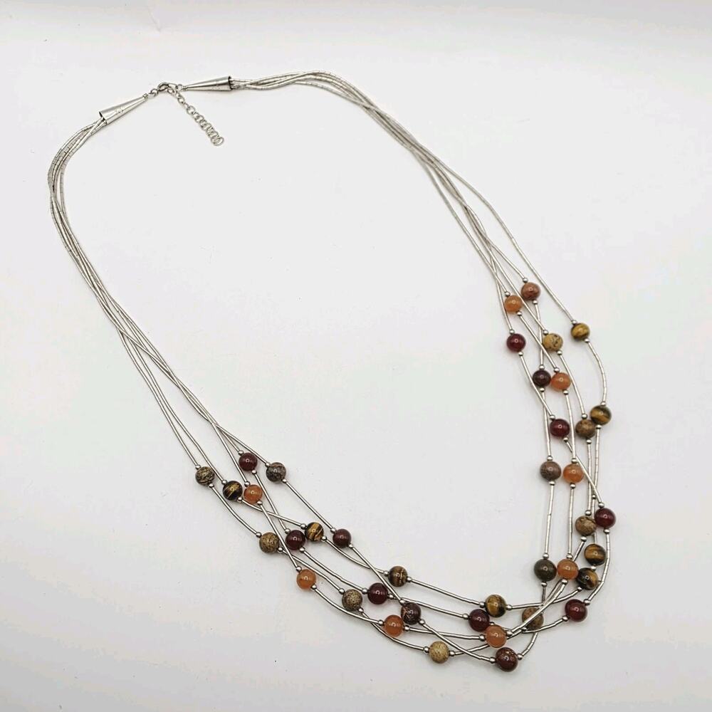 5 Strand Liquid Silver Floating Multi-Stone Necklace Southwestern Native 24"+2
